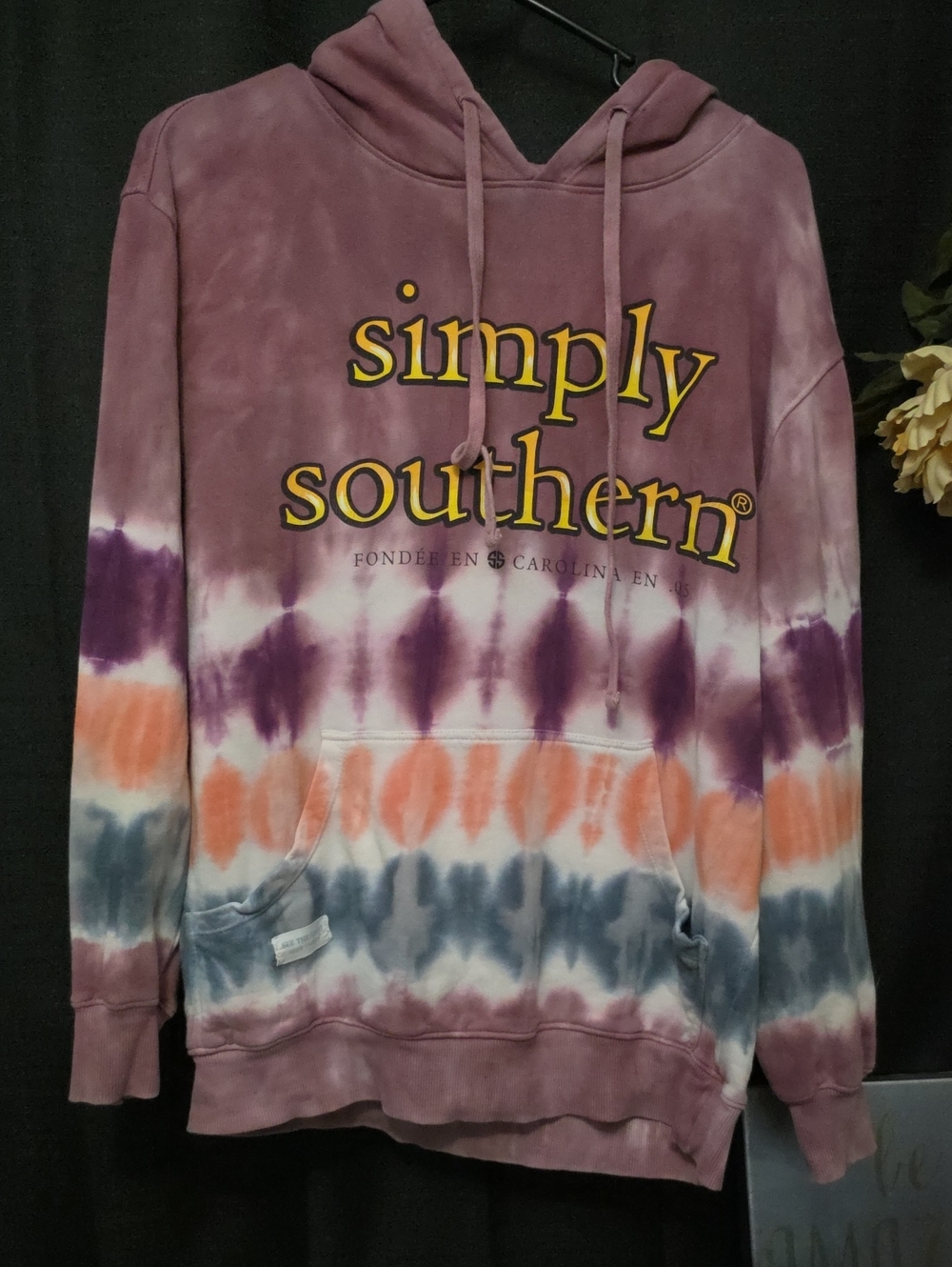CHICKEN Simply Southern SZ S Tie-Dye Hoodie in Mauve, Purple, Orange & Blue - Picture 2 of 5